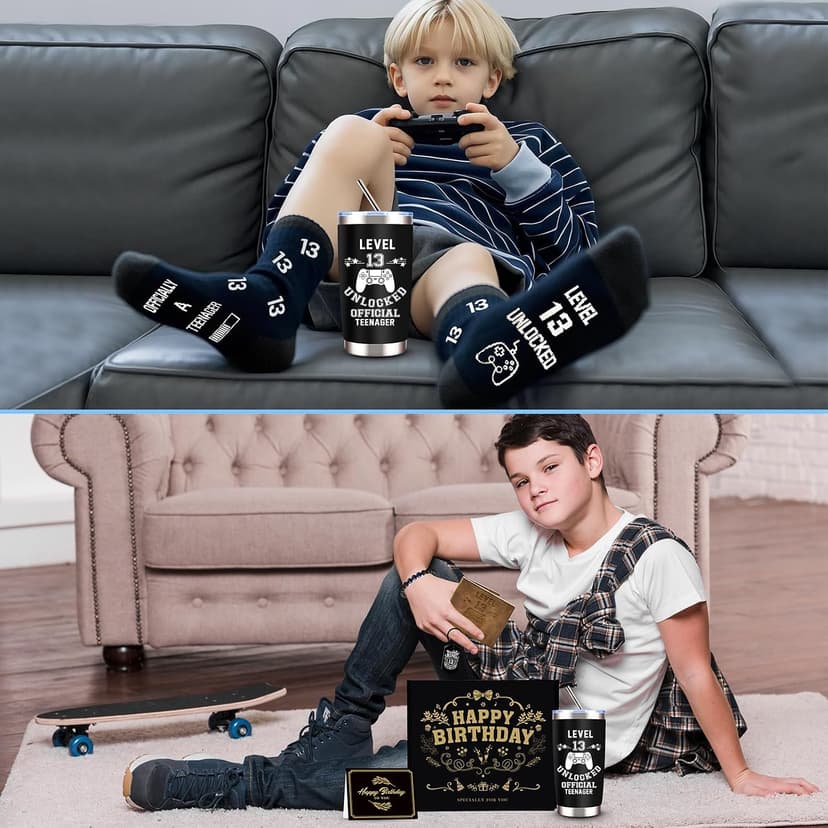 JTAMOHI 8 Pcs Happy 13th Birthday Gifts for Boys, 13 Year Old Boy Birthday Gifts Ideas with 20 Oz Tumbler, Funny Socks, Toilet Paper, Teen Wallet, Bracelet, Keychain for Son, Nephew, Grandson, Brother B0DSPNCMLB