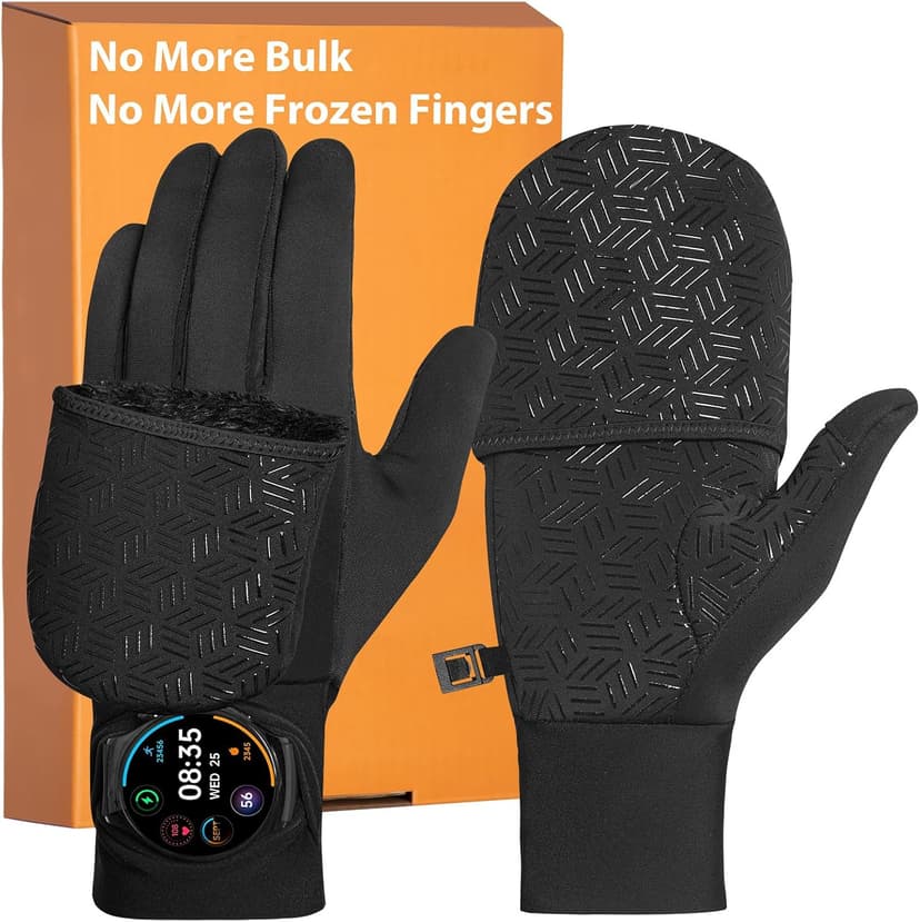 RIGWARL Winter Running Gloves Men Women Cold Weather, Touchscreen Convertible Mittens Warm Thermal Gloves with Watch Window