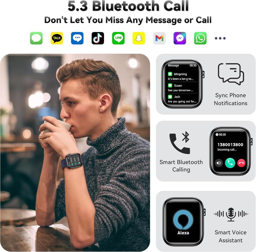 QVEQ Smart Watch for Men Women(Answer/Make Call), 1.83" Fitness Watch with Heart Rate/Blood Pressure/Blood Oxygen, Pedometer, Sleep Tracker,120+ Sport Modes, IP68 Waterproof Fitness Tracker for Android iOS