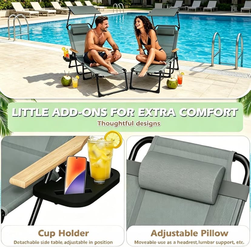 Folding Lounge Chair with Canopy, Tanning Chair with 4-Position Reclining Back, Folding Sun Lounger, Outdoor Lounge Chair for Beach, Poolside, Backyard, Camping, UPF 50+ Sun Shade, 300 LBS