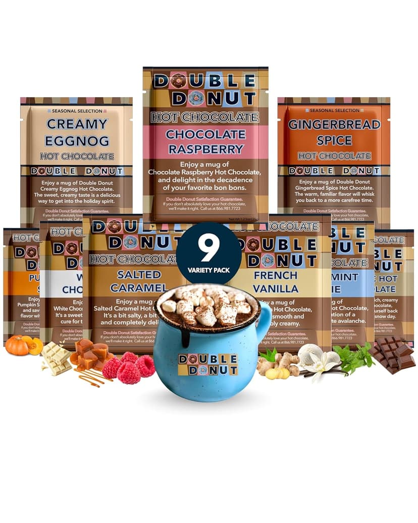 Double Donut Coffee Flavored Hot Chocolate Packets Variety Pack, 9 Count Includes Classic, Chocolate Raspberry, Salted Caramel, Peppermint, Eggnog & Gingerbread