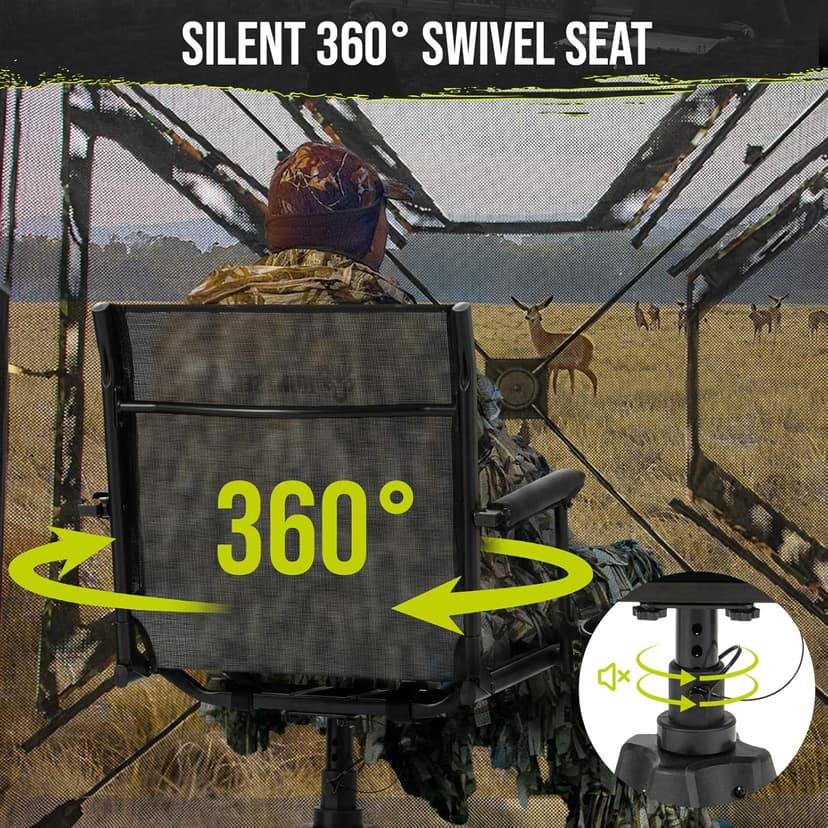 HUNTSEN 360° Silent Swivel Hunting Chair for Blinds - Stable Portable Ground Blind Chair Adjustable 4 Legs & Seat Height Folding Outdoor Fishing Seat with Anti-Sink Feet Armrest - Supports 330lbs