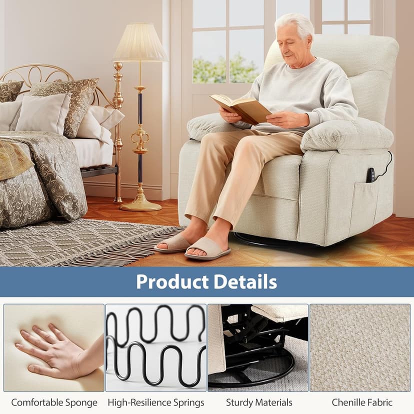 Recliner Chair, Durable & Tear-Resistant Massage Chair with Heating, Premium Chenille Fabric Massage Recliner Supports up to 380 LBS for Living Room, Bedroom, Beige