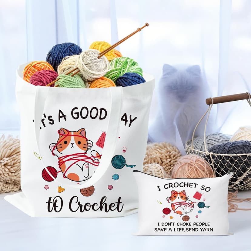 Y1tvei Cartoon Cat Canvas Bags - 2Pcs It’s A Good Day to Crochet Canvas Tote Bag Makeup Pouch, Reusable Grocery Folding Shopping Handbag, Knitting Crocheting Funny Gifts for Knitter Crocheters Women