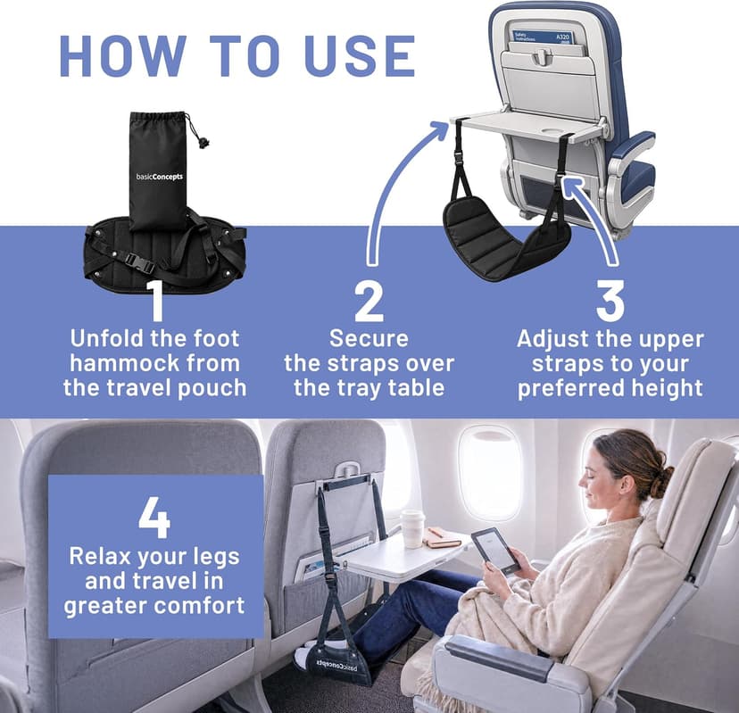 BASIC CONCEPTS Airplane Foot Hammock for Plane Travel Essentials - Airplane Travel Essentials, Long Flight Foot Rest - Plane Gadgets B07SK6ZFLM