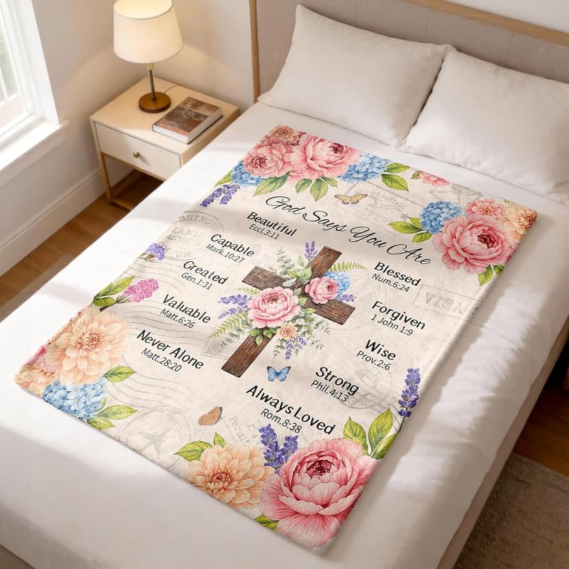 Inspirational Throw Blanket with Cross Flowers, Bible Verse for Mom, Daughter,Friends, Sister, Soft Flannel Blanket 50"x60" Birthday Blanket for Women, Christian Gifts for Friends, Mom B0HGLK3H1C