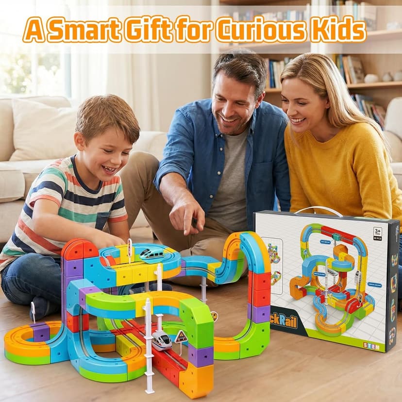 KlickRail Electric Train Set Flexible Race Track for 3 4 5 6 7 8 years old boys and girls, Building Toy Train Track Gravity-Defying 3D Embedded Layouts & Motorized Car, STEM Gift(Deluxe Set(88 Piece))