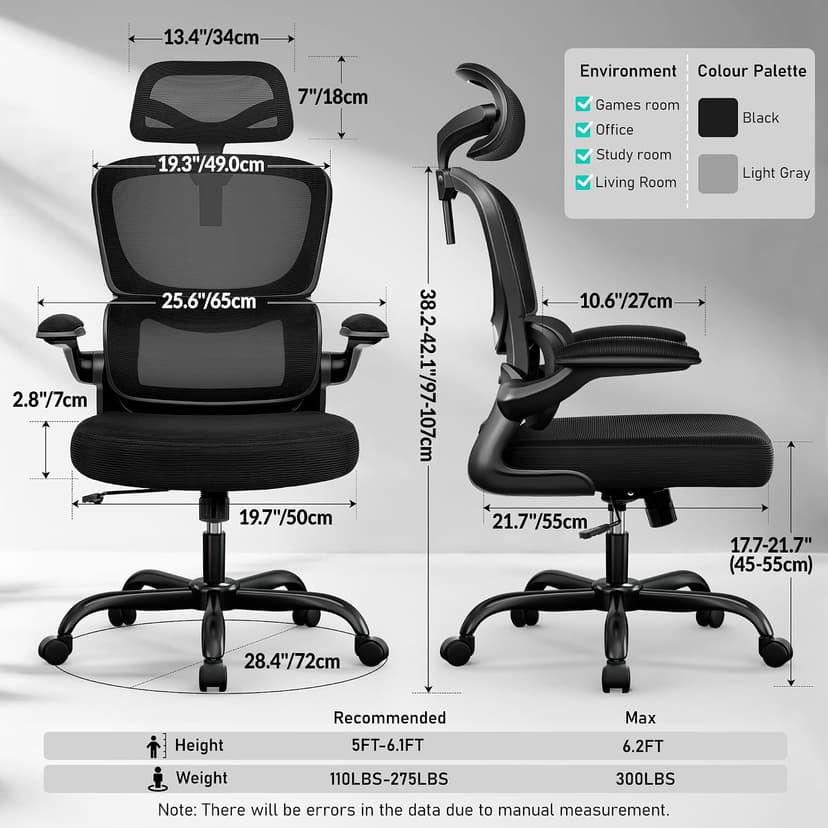BESTFAIR High Back Ergonomic Office Chair, Breathable Mesh Desk Chair with Lumbar Support, Adjustable Headrest, Flip-up Armrests, Computer Gaming Chair, (Black)