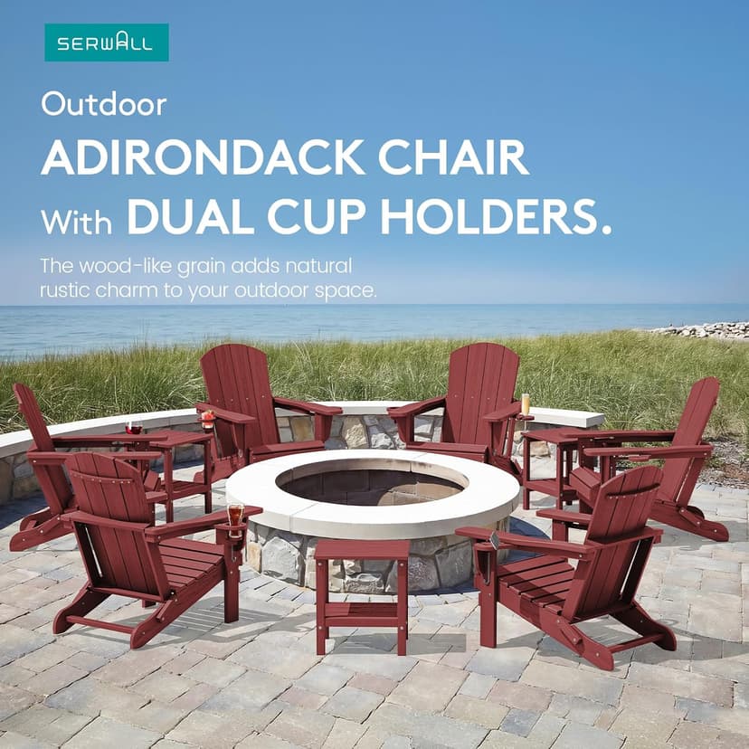 SERWALL Adirondack Chair with Cup Holders - Composite Adirondack Chairs Set of 2 HDPE Outdoor Chairs All Weather Use- Dark Red