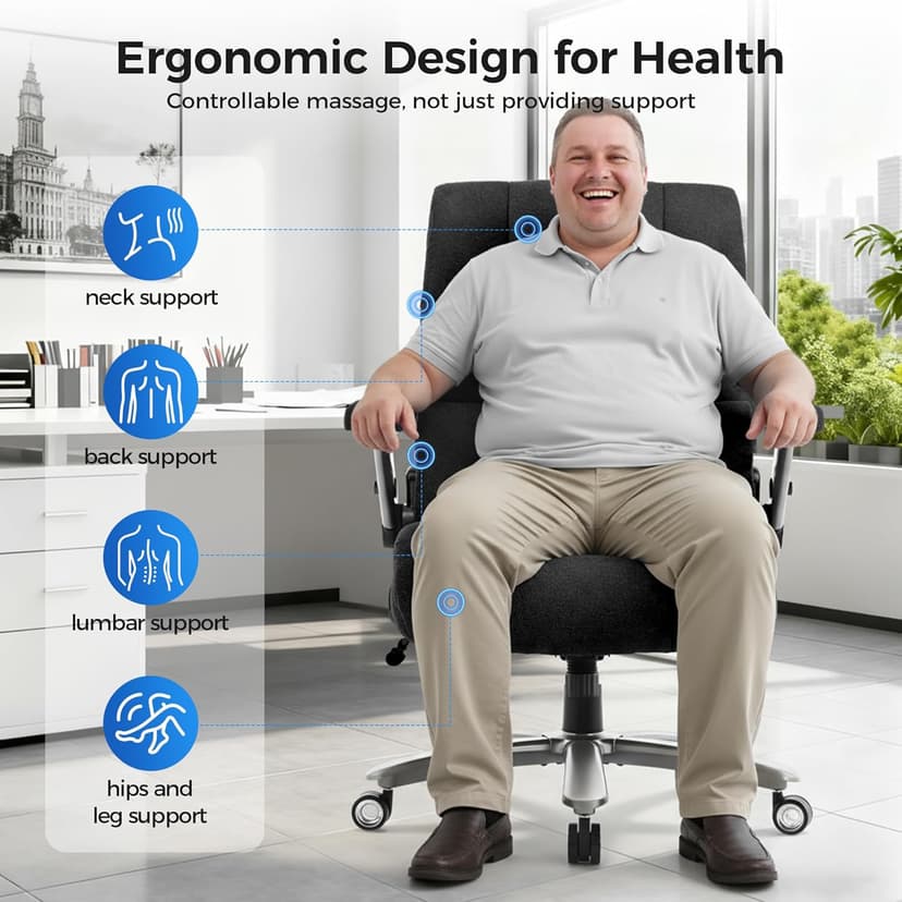 600LBS Big and Tall Massage Office Chair, Extra Wide Seat - 3D Kneading Massage & Heat Office Chair with Heavy Duty Metal Base, 3D Flip Arms, Fabric Ergonomic with Thick Spring Cushion