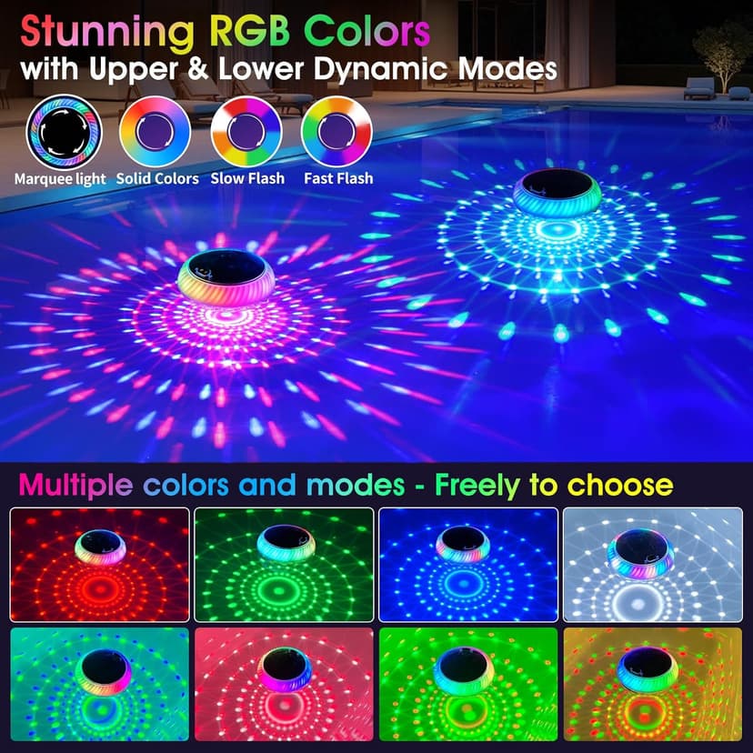 Floating Pool Lights Solar Powered, 7.6 Inch RGB Upper& Lower Color Changing Solar Pool Lights that Float with Dynamic Lighting Effects, IP68 Waterproof Swimming Pools Light for Party Decor(2)