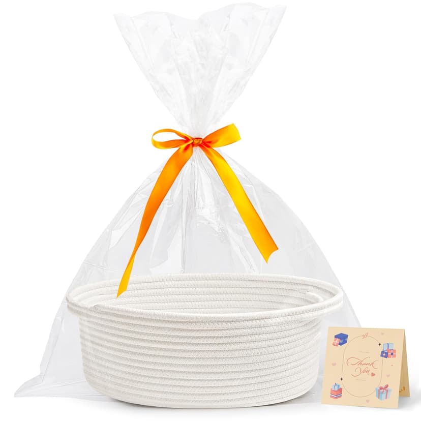 Pro Goleem Small Woven Basket with Gift Bags and Ribbons Durable Baskets for Halloween Gifts Empty Small Rope Basket for Storage 12"X 8" X 5" Baby Toy Baskets with Handles, White