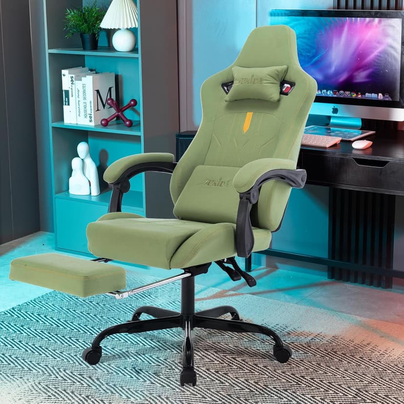 Gaming Chair with Footrest Ergonomic Computer Chair Massage Lumbar Cushion, Racing Video Game Chair Adjustable Rocker Recliner Executive Office Desk Chair Fabric for Adults
