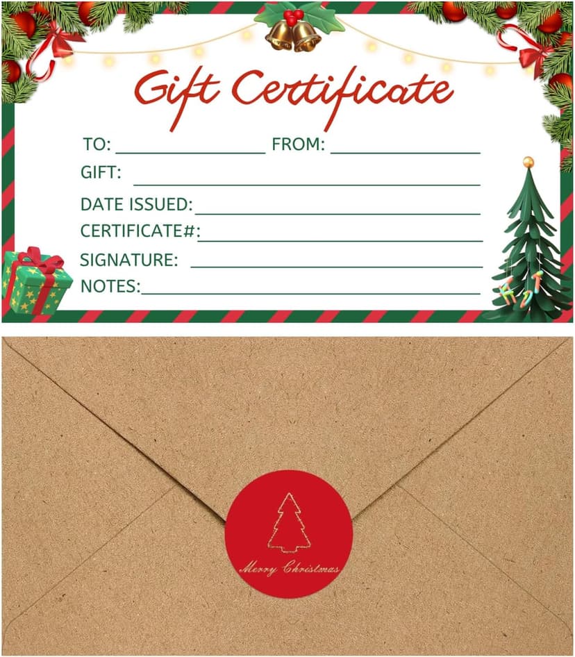 30 Pack Gift Certificates for Business with 30 Kraft Envelopes 30 Stickers for Holiday Christmas Small Business Restaurants Spa Beauty Makeup Hair Salon