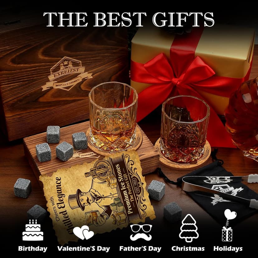 Whiskey Stones Gift Set - Whiskey Glass Set of 2 - Granite Chilling Whiskey Rocks - Scotch Bourbon Box Set -Father's Day Birthday Gifts for Men Drinking Gift for Dad Him Husband Party Holiday Present