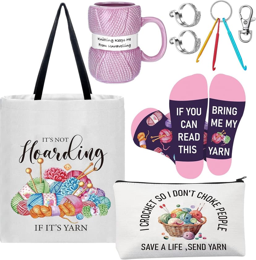 7 Pcs Crochet Knitter Gift Set Humorous Novelty Crochet Mug Mini Hooks Keychain Knitting Loop Ring Makeup Bag Handbag Sock for Women Christmas Beginner Lovers Gifts