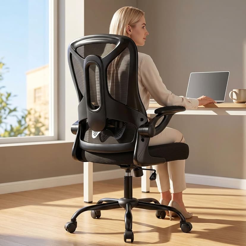 Ergonomic Office Chair, 300 lbs Heavy Duty Mesh Computer Chair with Adjustable Lumbar Support, 90° Flip-up Arms Space Saving Desk Chair, Mid Back Breathable Task Chair for Home Office, Black