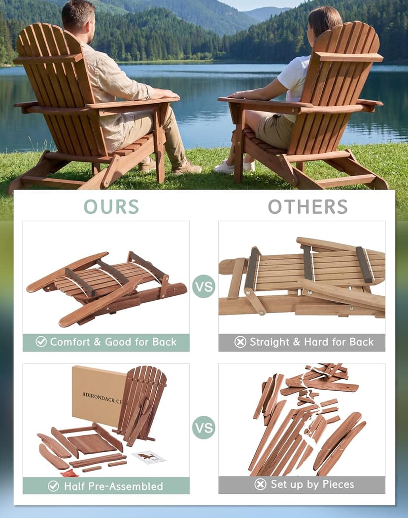 Wooden Folding Adirondack Chair Set of 4, Half Pre-Assembled Wood Lounge Chair for Outdoor Patio Garden Lawn Backyard Deck Pool Beach Firepit