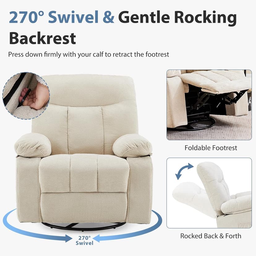 Recliner Chair, Durable & Tear-Resistant Massage Chair with Heating, Premium Chenille Fabric Massage Recliner Supports up to 380 LBS for Living Room, Bedroom, Beige