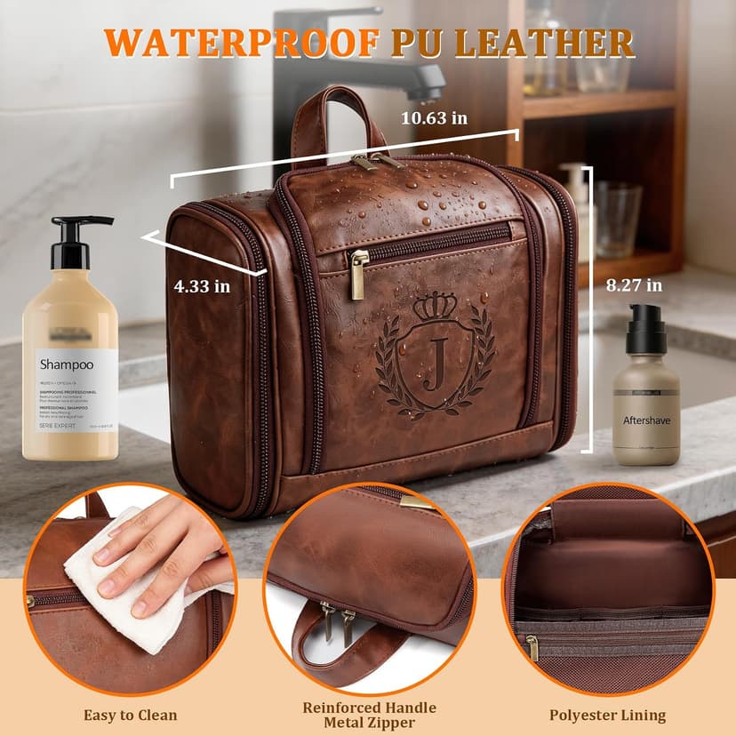Large Hanging Leather Dopp Kit Engraved Monogram Brown Waterproof Bathroom Shaving Grooming Accessory|Luxury Unique Male Gift Personalized Gifts for Men Dad Father Birthday Toiletry Travel Bag J B0GL21B7QQ