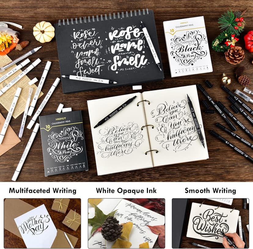 Dual Tip Black Acrylic Calligraphy Pens, 10 Size Calligraphy markes for Writing, Hand Lettering Pen for Art Drawing, Sketching, Scrapbooking, Brush Pens Calligraphy Set for Beginners
