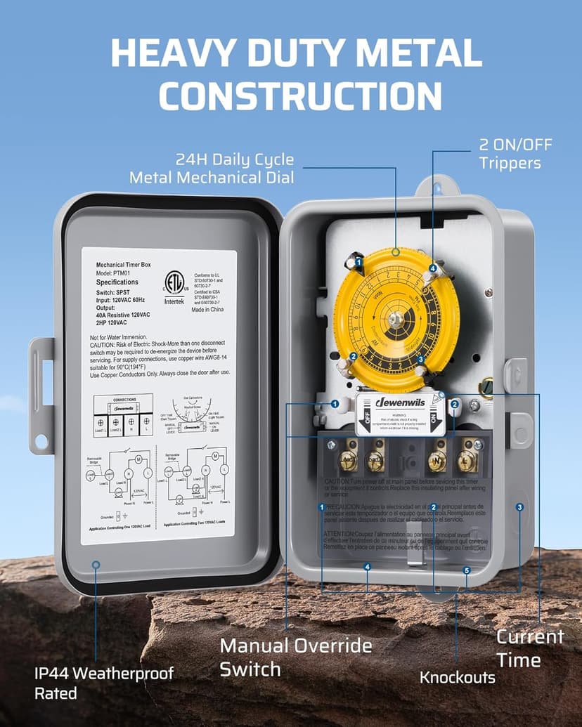 DEWENWILS 24-Hour Mechanical Timer Switch - 120VAC SPST, 2HP 40A, Metal Enclosure, Heavy Duty, Manual Override, Ideal for Pool Pump, Water Heater, Lights and Fans, Weatherproof, ETL Listed, Gray