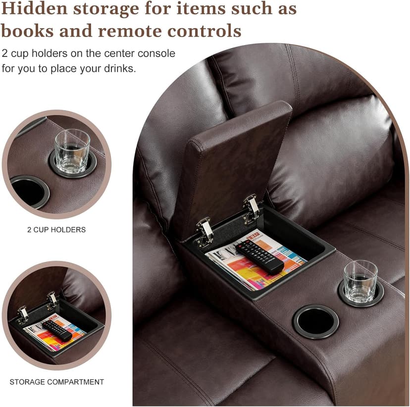Saxum Tegmen Living Room Furniture Sets, Leather Recliner Sofa, Sectional Sofa Set with Convertible Table & Cup Holders, 3 Pieces Furniture for Living Room/RV/Office (3 Pieces Set, Brown Leather)