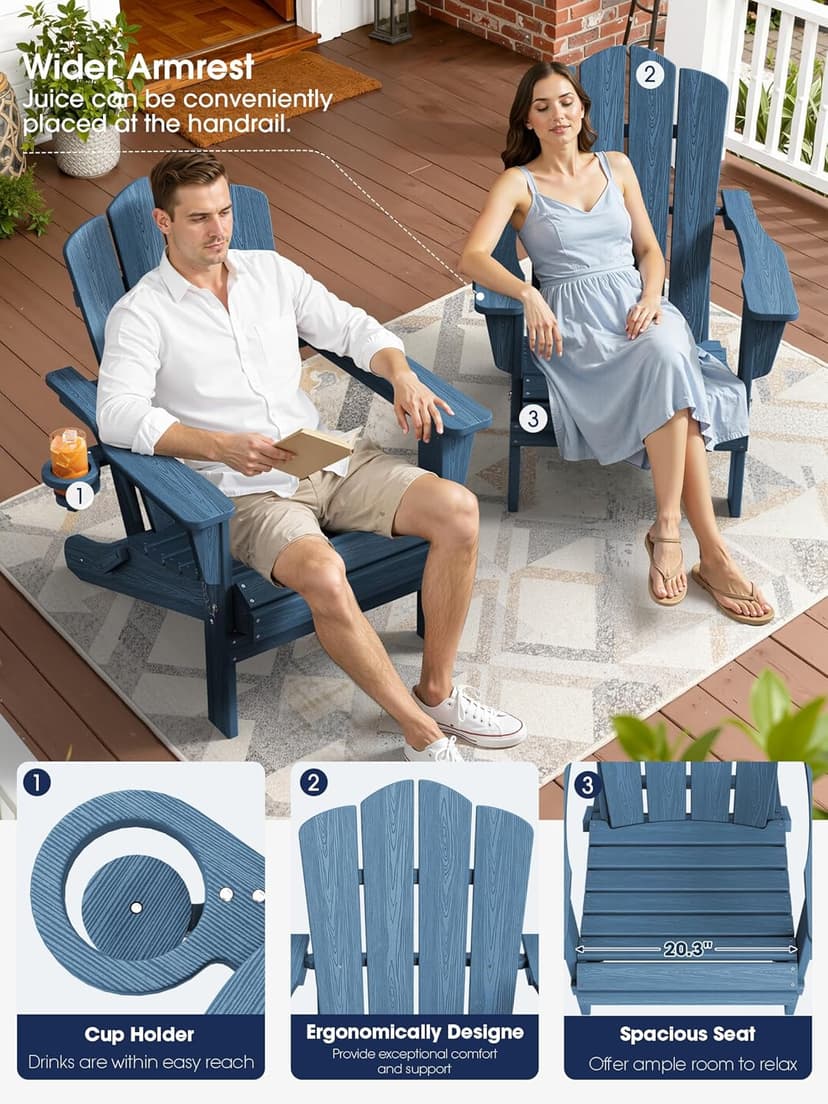 KINGYES Folding Adirondack Chair Set of 2, HDPE All-Weather Patio Chairs with Cup Holder, Wooden Textured Fire Pit Chairs Recliner for Poolside, Backyard, Deck, Navy