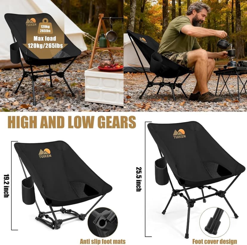 Ultralight Camping Chair Backpacking Chair, Portable Camp Chair with Cup Holder & Storage Bag, Lightweight Compact Folding Chair for Hiking, Travel, Picnic Mountaineering(Deep Black)