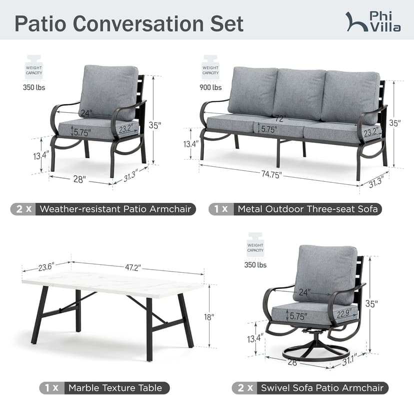 PHI VILLA 6 PCS Patio Furniture Sets with 2*Swivel Cushioned Sofa Chairs, 2* Leg Chairs, 1 * 3-Seat Wide Deep Seating Bench and 1*Coffee Table, Outdoor Conversation Set for 7 Person(Grey)