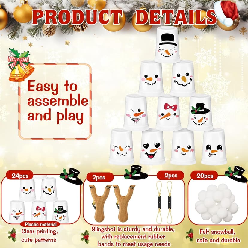 Leitee Christmas Party Games for Family Kids Adults Christmas Games with 24 Stacking Cup 2 Wooden Slingshot 2 Spare Slingshot Rubber Band 20 Felt Fake Snowball for Toss Carnival Parties Group Xmas Fun