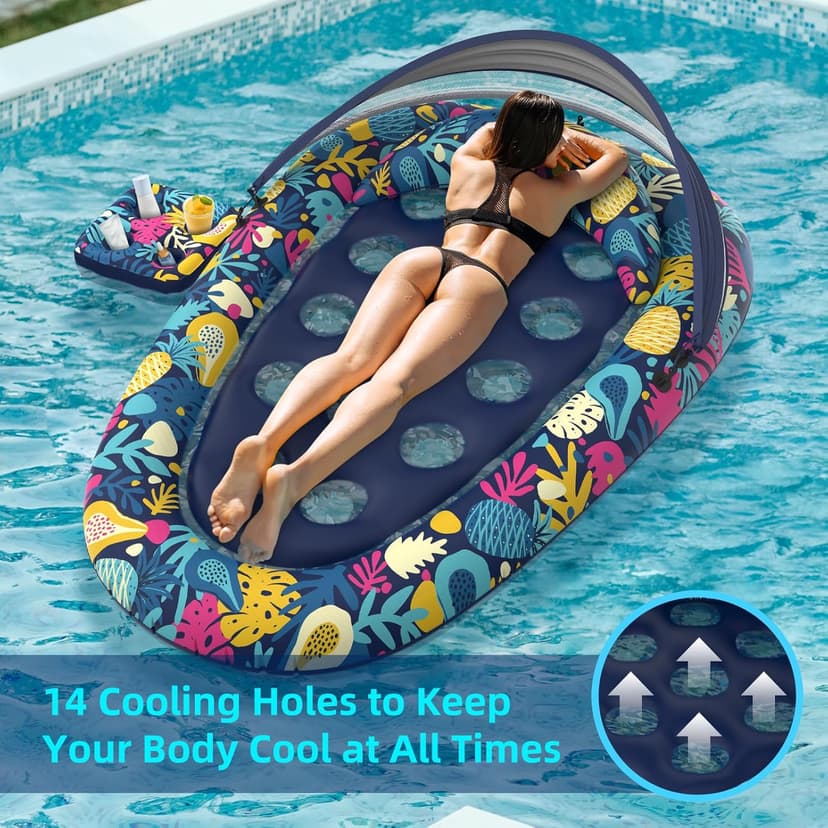 Sunikko X 3-in-1 Pool Floats with Canopy Cup Holder, Tanning Pool Large 73" x 48" Float Adult Heavy Duty, Inflatable Lounger Raft Floating Chair with Backrest, Swimming Pool Lake Beach Party