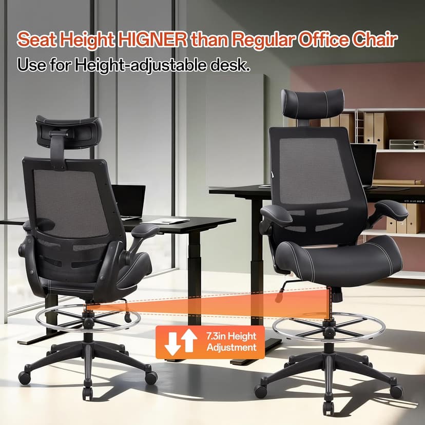 BOLISS Ergonomic Drafting Chair with 4-Level Adjustable Headrest Tall Standing Desk Stool with Soft Microfiber Leather Seat, Breathable Mesh Back, 90° Flip-Up Arms, and Adjustable Foot Ring