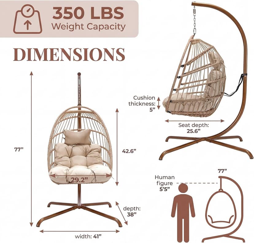 NICESOUL Hanging Egg Chair with Stand Indoor Outdoor, Comfy Patio Rattan Swing Hammock Chairs with Cushion, 350lbs Capacity Egg Shaped Chair for Lawn Backyard Balcony Bedroom, Birthday Gift, Beige
