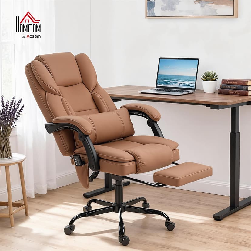 HOMCOM Massage Office Chair with Foot Rest and 6 Points Vibration, Executive Office Desk Chair with Scratch-Resistant Faux Leather, Reclining Back, Comfy Lumbar Support, Remote, Brown