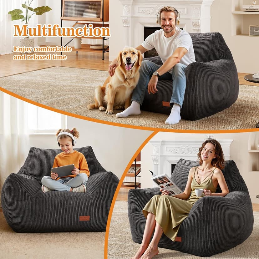 Big Bean Bag Chair for Adults, Ultra Soft Living Room Bean Bag with Armrests, Stuffed BeanBag Chair for Napping, Gaming, Vacuum-Compressed for Easy Gifting, 48 Hours to Fluffs Up, Dark Gray