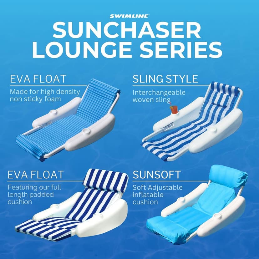 SWIMLINE ORIGINAL 10010M Sunchaser Padded Luxury Lounge Chair Pool Float | Molded Frame & Pontoon Design | Pool Floats Adult | Pool Lounger | Pool Accessories | Pool Chairs and Lounges For In Pool