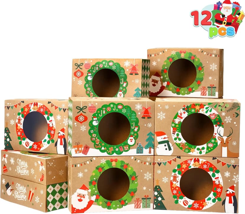 JOYIN 12PCS Christmas Cookie Boxes for Gift Giving, 8.75" x 5.75" x 2.75" Xmas Holiday Bakery Treat Boxes with Window, Kraft Cookie Tin Container Box for Baked Goods, Cupcake, Pastry, Candy, Brownies