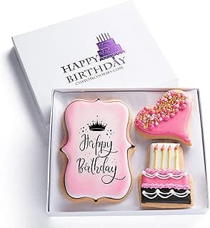 Happy Birthday Gift Basket Custom Sugar Cookies - Happy Birthday Cookies in Gift Box, Hand Decorated Kosher Treats for Women, Her, Wife - Bakery & Dessert Gifts as a Birthday Cake