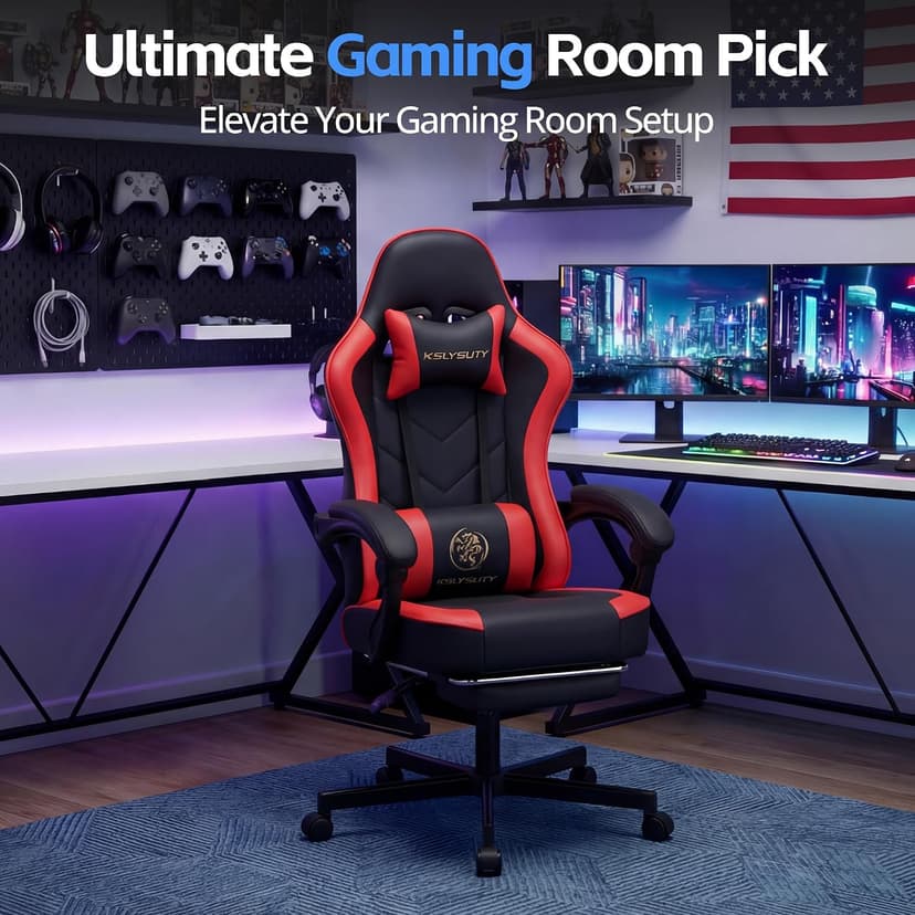 Desk Computer Gaming Chair - High Back Ergonomic Office Chair with Footrest and Lumbar Support, Swivel Comfy Home Gamer Video Game Chairs with Pocket Spring Cushion for Adults (Red Leather)