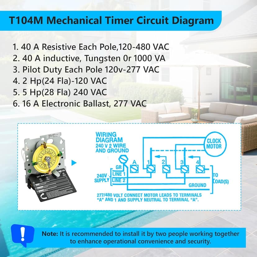 T104M Pool Timer Mechanism Only, 208-277V DPST 40A Time Switch, Pool Pump Timer, Heavy-Duty Mechanical Time Switches, 24 Hour 12 ON/Off for Pool Pump,Time Switch Mechanism Only, 6 Years Warranty