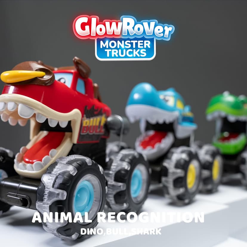 JOYIN 3 Pack Monster Truck Toy - Motion Activated Light Up Cars for Toddlers - Monster Glow Rover LED Wheels - Baby Boy Toys - Press and Go Dinosaur Trucks for Kids Boys Birthday Gifts for Christmas