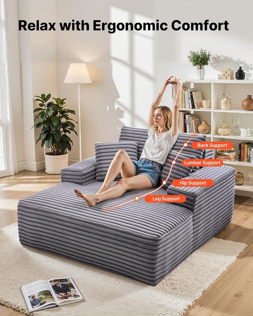 VEVOR Chaise Lounge Chair, 48 in Boneless Chaise Lounge Indoor, Modern Upholstered Oversized Reading Chair with Throw Pillows & Armrests, Sofa Couch Deep Seat Sleeper for Living Room, Bedroom, Balcony
