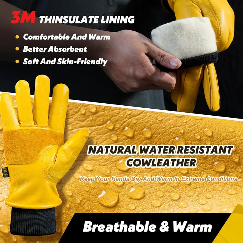 DLY Winter Work Gloves for Men, Water-Resistant, Insulated, Puncture and Abrasion Resistant, Cowhide Leather with Warm Thinsulate Lining for Cold Weather, Large, Yellow, New