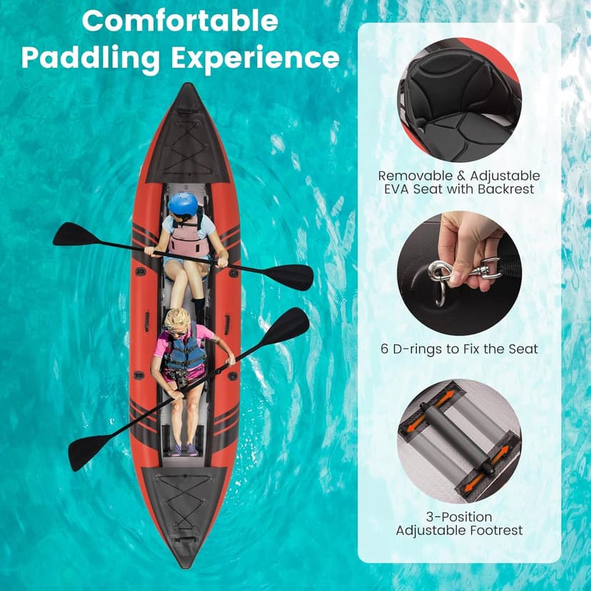 GYMAX Inflatable Kayak, 12.5Ft 507lbs Tandem Kayak with 2 Aluminum Paddles, 2 Padded Seats, Footrests, 2 Fins, Hand Pump, Carry Bag & Repair Kit, 2 Person Fishing Touring Kayak for Adults