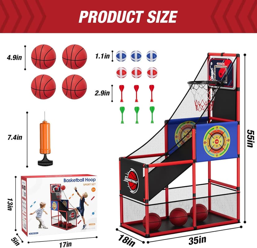 HYES Basketball Arcade Game Indoor Outdoor, Kids Basketball Hoop with 4 Balls & Pump, Single Shot Basketball Game at Home, Carnival Games Sport Toys for Boys Girls Teens