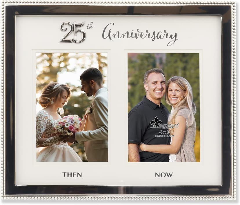 4x6 Double Silver Beaded Metal 25th Anniversary Picture Frame, Then and Now B0BRM5WJ7N