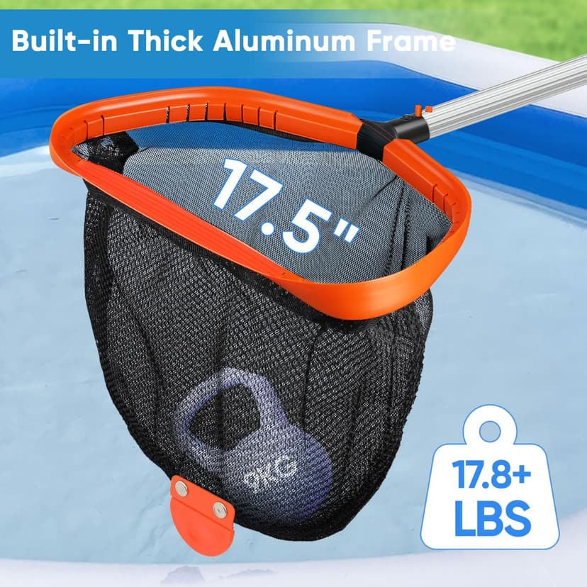 17.5" Pool Net, Pool Skimmer Net with Double-Layer Netting Bag, Aluminum Frame, Deep Nylon Net, Large Capacity Pool Cleaning Net, Leaf Skimmer Rake Net for Above Ground & In-ground Pools (No Pole)