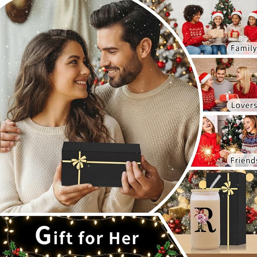 Monogrammed Glass Drinking Cup With Lid Straw Women Happy Birthday Christmas Xmas Day Holiday for Female Teacher Aunt Big Small Sister in Law Mother Stepmother Weding Groom Bride Officiant Gift,R