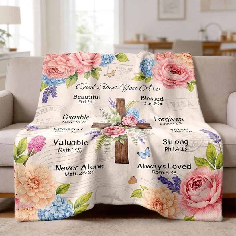 Inspirational Throw Blanket with Cross Flowers, Bible Verse for Mom, Daughter,Friends, Sister, Soft Flannel Blanket 50"x60" Birthday Blanket for Women, Christian Gifts for Friends, Mom B0HGLK3H1C